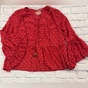 Soft Surroundings Red Besito Peasant top sz 1X with faux lace up and beaded tie